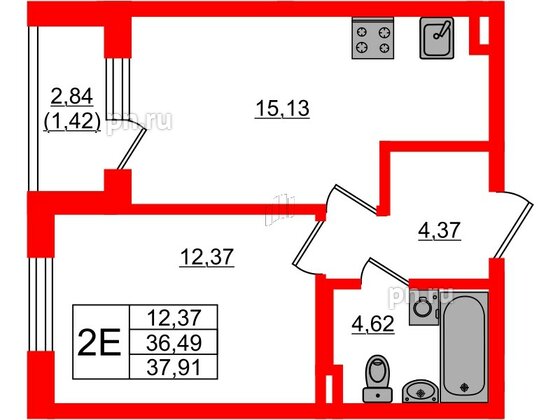 Квартира в ЖК Новая история, 1 комнатная, 37.91 м², 1 этаж