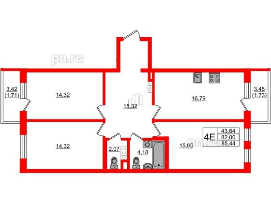 Квартира в ЖК Новая история, 3 комнатная, 85.44 м², 4 этаж