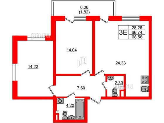 Квартира в ЖК Новая история, 2 комнатная, 68.56 м², 2 этаж