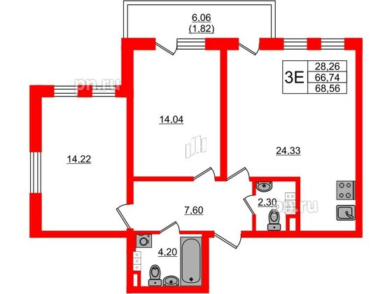 Квартира в ЖК Новая история, 2 комнатная, 68.56 м², 4 этаж