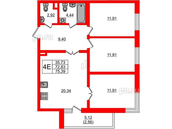 Квартира в ЖК Новая история, 3 комнатная, 75.39 м², 1 этаж