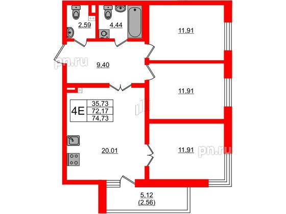 Квартира в ЖК Новая история, 3 комнатная, 74.73 м², 2 этаж