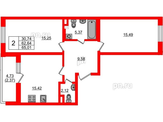 Квартира в ЖК «Новая история», 2 комнатная, 65.01 м², 2 этаж