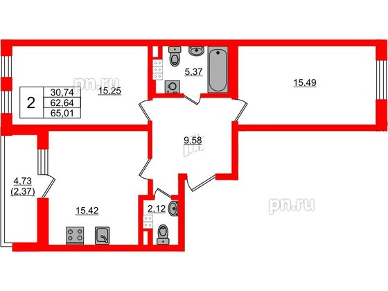 Квартира в ЖК Новая история, 2 комнатная, 65.01 м², 4 этаж