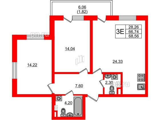 Квартира в ЖК Новая история, 2 комнатная, 68.56 м², 3 этаж