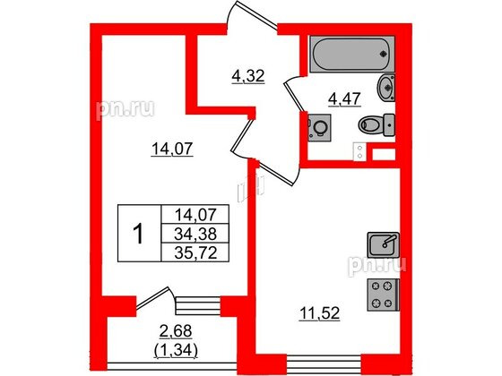 Квартира в ЖК «Новая история», 1 комнатная, 35.72 м², 2 этаж