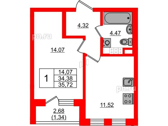 Квартира в ЖК Новая история, 1 комнатная, 35.72 м², 4 этаж