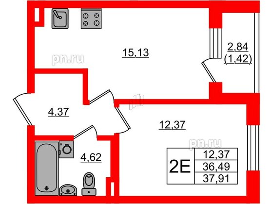 Квартира в ЖК Новая история, 1 комнатная, 37.91 м², 1 этаж