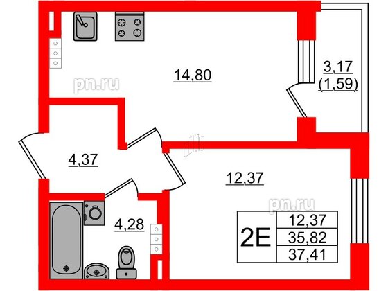 Квартира в ЖК Новая история, 1 комнатная, 37.41 м², 4 этаж