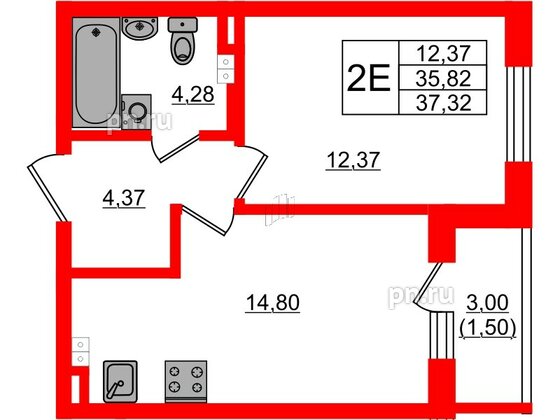 Квартира в ЖК Новая история, 1 комнатная, 37.32 м², 3 этаж