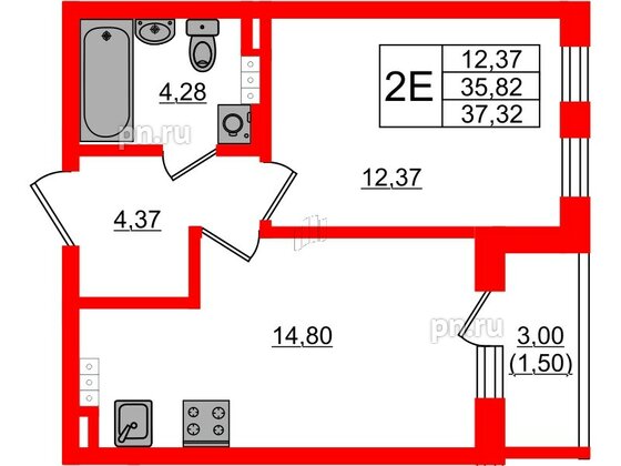 Квартира в ЖК Новая история, 1 комнатная, 37.32 м², 4 этаж