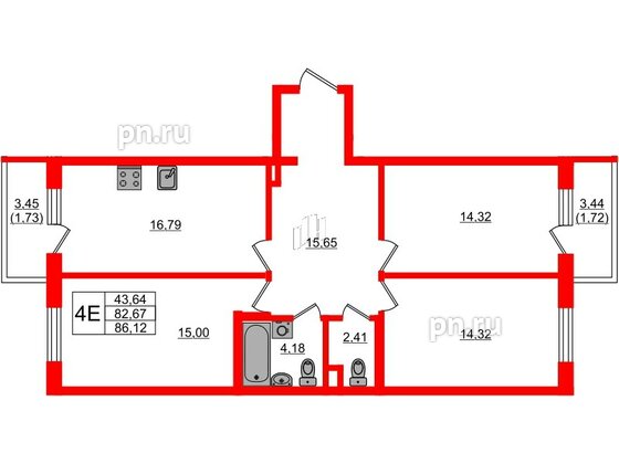 Квартира в ЖК «Новая история», 3 комнатная, 86.12 м², 1 этаж