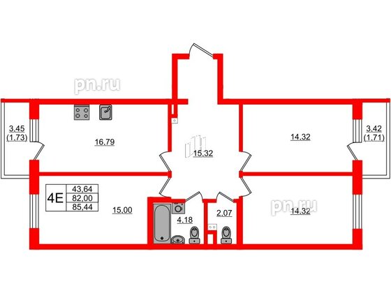 Квартира в ЖК «Новая история», 3 комнатная, 85.44 м², 2 этаж