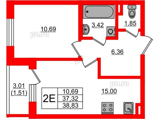 Квартира в ЖК Новая история, 1 комнатная, 38.83 м², 1 этаж