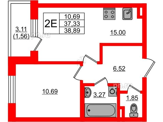 Квартира в ЖК Новая история, 1 комнатная, 38.89 м², 1 этаж