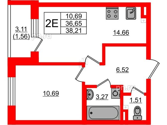 Квартира в ЖК Новая история, 1 комнатная, 38.21 м², 2 этаж