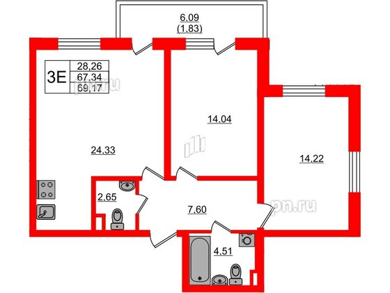 Квартира в ЖК Новая история, 2 комнатная, 69.17 м², 1 этаж