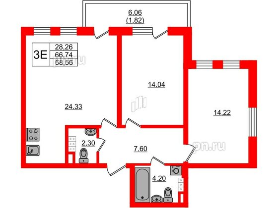 Квартира в ЖК Новая история, 2 комнатная, 68.56 м², 4 этаж