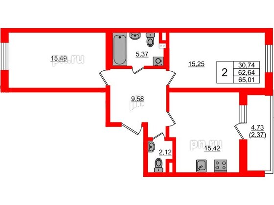 Квартира в ЖК Новая история, 2 комнатная, 65.01 м², 2 этаж