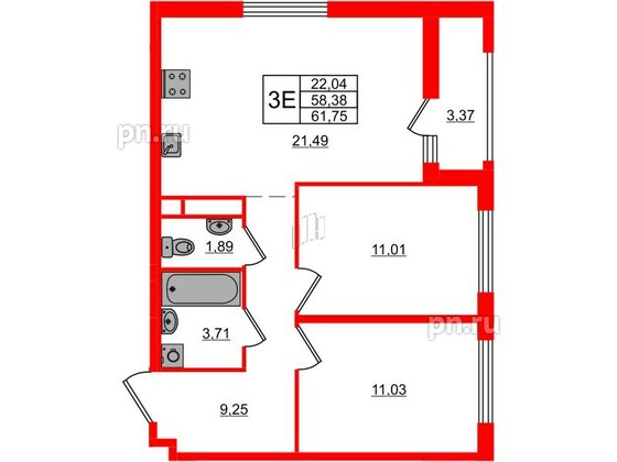 Квартира в ЖК ЦДС Новосаратовка «Город первых», 2 комнатная, 61.75 м², 12 этаж