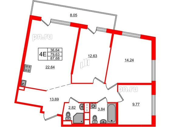 Квартира в ЖК ЦДС Новосаратовка «Город первых», 3 комнатная, 87.68 м², 5 этаж