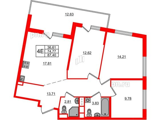 Квартира в ЖК ЦДС Новосаратовка «Город первых», 3 комнатная, 87.4 м², 15 этаж