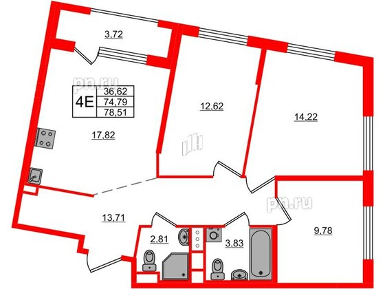 Квартира в ЖК ЦДС Новосаратовка «Город первых», 3 комнатная, 78.51 м², 16 этаж