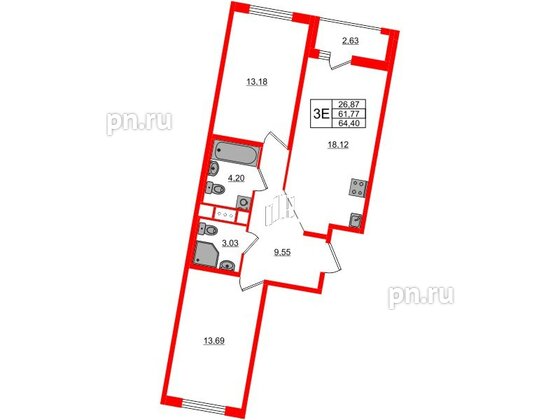 Квартира в ЖК ЦДС Новосаратовка «Город первых», 2 комнатная, 64.4 м², 4 этаж