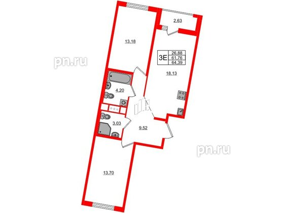 Квартира в ЖК ЦДС Новосаратовка «Город первых», 2 комнатная, 64.39 м², 15 этаж