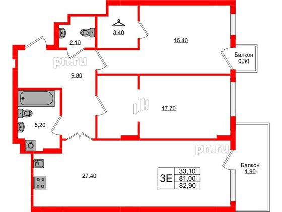 Квартира в ЖК «Теодор Кроне», 2 комнатная, 82.9 м², 2 этаж