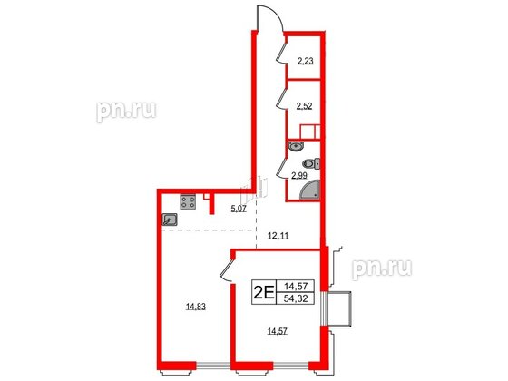 Квартира в ЖК Акцент, 1 комнатная, 54.1 м², 6 этаж