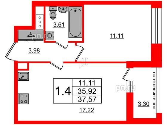 Квартира в ЖК Титул в Московском, 1 комнатная, 35.92 м², 3 этаж