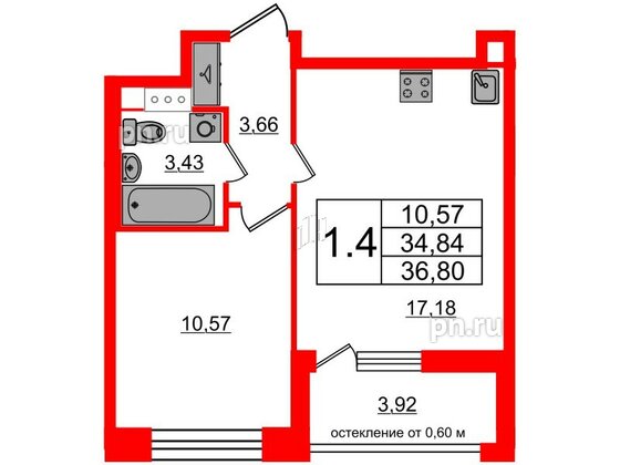 Квартира в ЖК Титул в Московском, 1 комнатная, 34.84 м², 9 этаж