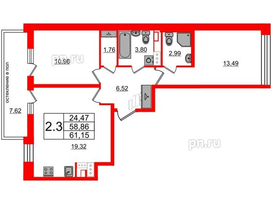 Квартира в ЖК Титул в Московском, 2 комнатная, 58.86 м², 12 этаж