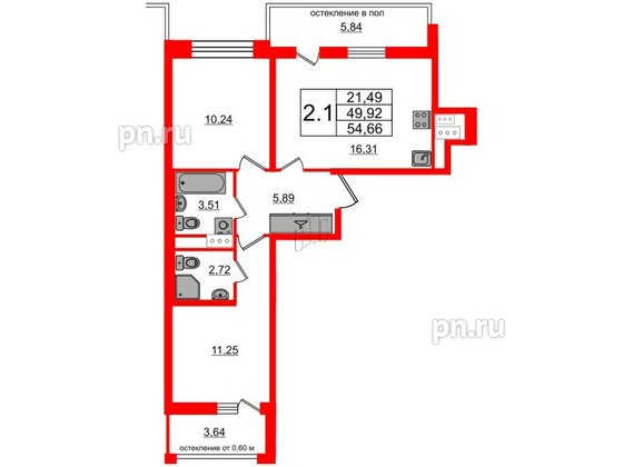 Квартира в ЖК Титул в Московском, 2 комнатная, 49.92 м², 6 этаж