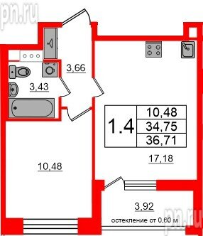 Квартира в ЖК «Титул в Московском», 1 комнатная, 34.75 м², 5 этаж