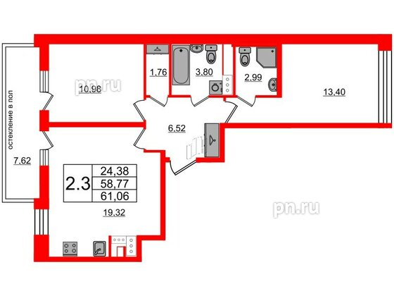 Квартира в ЖК Титул в Московском, 2 комнатная, 58.77 м², 6 этаж