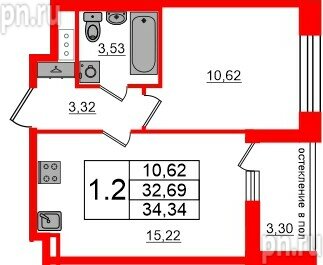Квартира в ЖК «Титул в Московском», 1 комнатная, 32.69 м², 12 этаж
