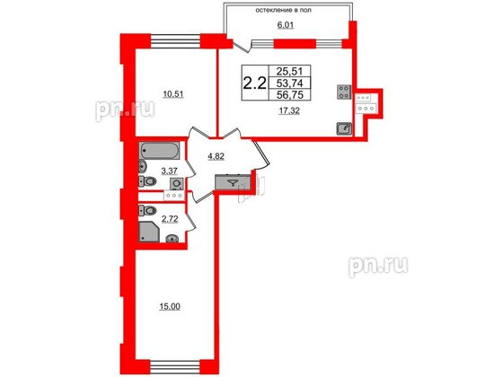 Квартира в ЖК Титул в Московском, 2 комнатная, 53.74 м², 8 этаж