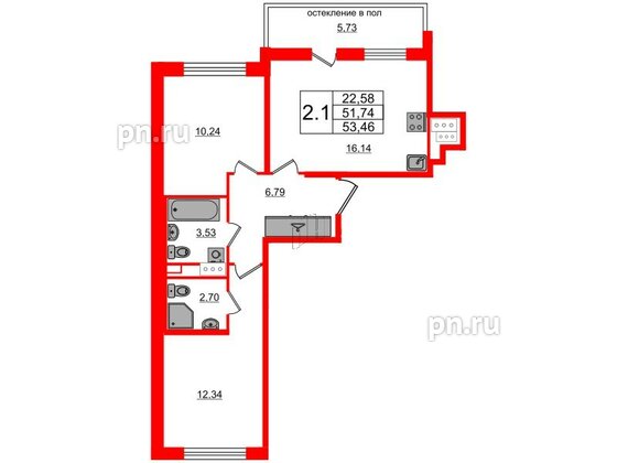 Квартира в ЖК Титул в Московском, 2 комнатная, 51.74 м², 12 этаж