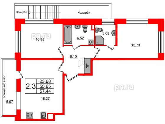 Квартира в ЖК Титул в Московском, 2 комнатная, 55.65 м², 1 этаж