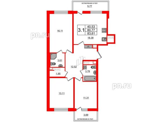 Квартира в ЖК Титул в Московском, 3 комнатная, 80.77 м², 10 этаж