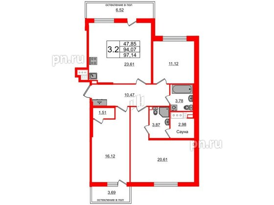 Квартира в ЖК Титул в Московском, 3 комнатная, 94.07 м², 10 этаж