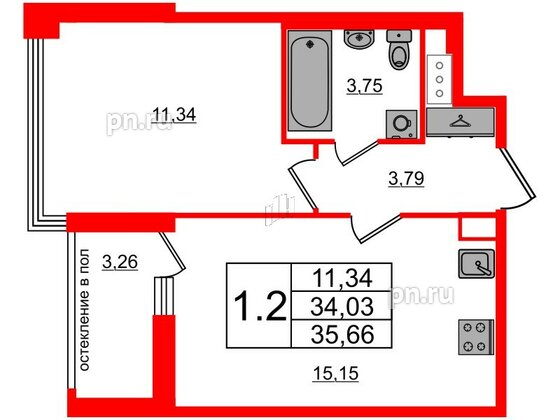 Квартира в ЖК Титул в Московском, 1 комнатная, 34.03 м², 11 этаж