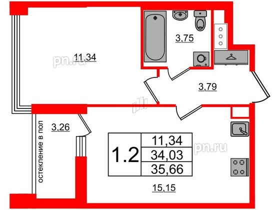 Квартира в ЖК Титул в Московском, 1 комнатная, 34.03 м², 11 этаж