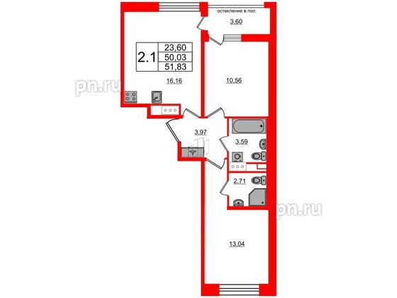 Квартира в ЖК Титул в Московском, 2 комнатная, 50.03 м², 12 этаж