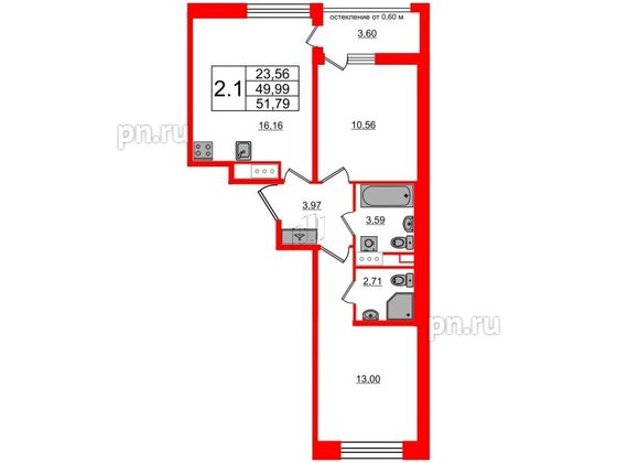 Квартира в ЖК Титул в Московском, 2 комнатная, 49.99 м², 6 этаж