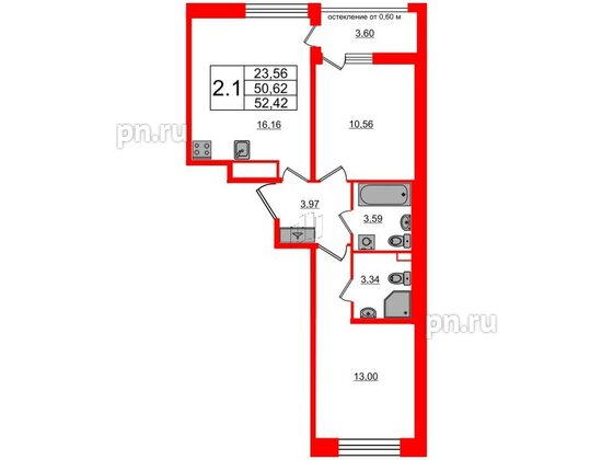 Квартира в ЖК Титул в Московском, 2 комнатная, 50.62 м², 2 этаж