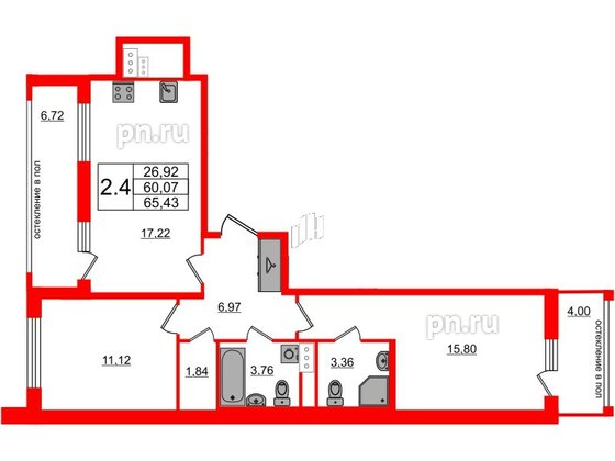 Квартира в ЖК Титул в Московском, 2 комнатная, 60.07 м², 10 этаж