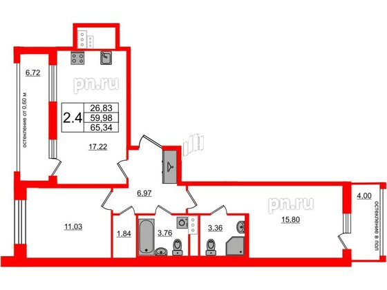 Квартира в ЖК Титул в Московском, 2 комнатная, 59.98 м², 6 этаж